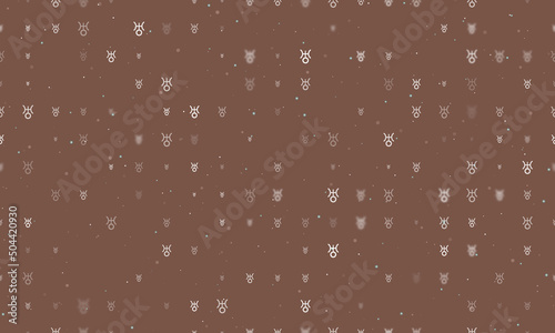 Seamless background pattern of evenly spaced white astrological uranus symbols of different sizes and opacity. Vector illustration on brown background with stars
