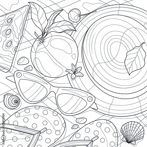 Hat with glasses, flip flops and fruits.Things on the beach.Coloring book antistress for children and adults. Illustration isolated on white background.Zen-tangle style. Hand draw