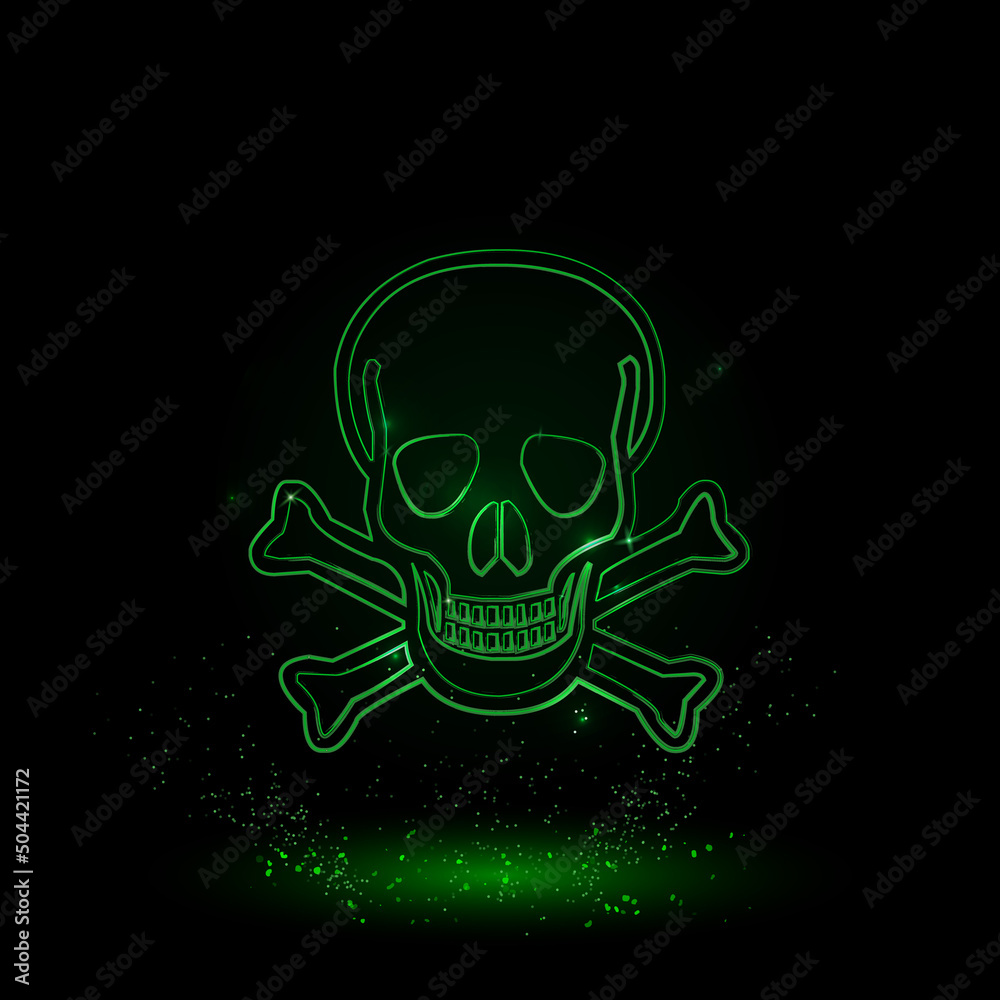 Fototapeta premium A large green outline skull on the center. Green Neon style. Neon color with shiny stars. Vector illustration on black background