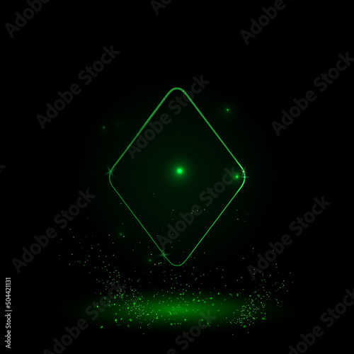 A large green outline diamond on the center. Green Neon style. Neon color with shiny stars. Vector illustration on black background