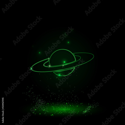 A large green outline saturn symbol on the center. Green Neon style. Neon color with shiny stars. Vector illustration on black background