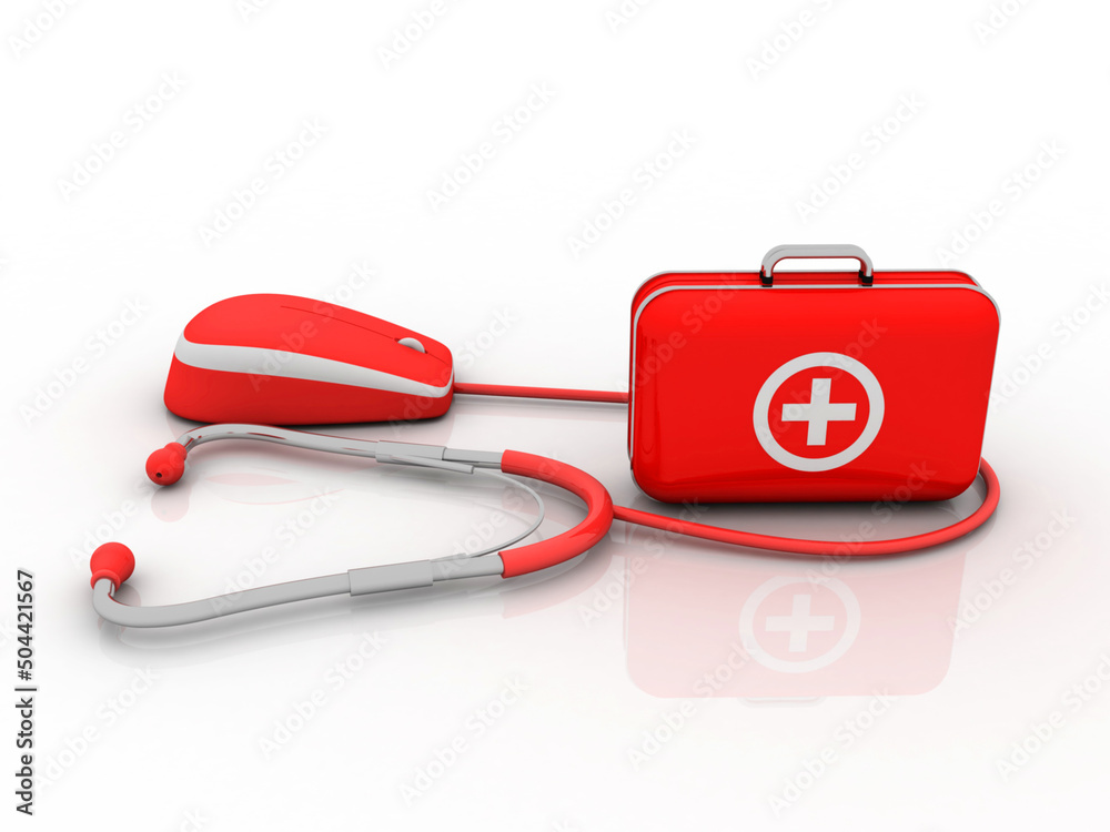 3d illustration stethoscope connected computer mouse with first aid box
3d illustration stethoscope connected computer mouse with first aid box