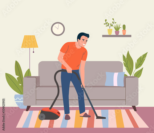 Man vacuuming the flooring the living room. Vector flat style illustration