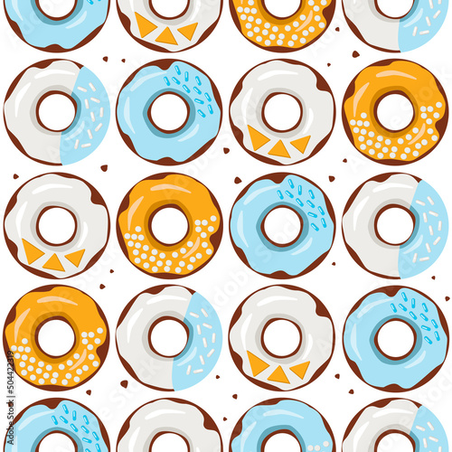 Postcard. Background. Pattern. Donuts with colored glaze. Blue and yellow colors. Vector graphic.