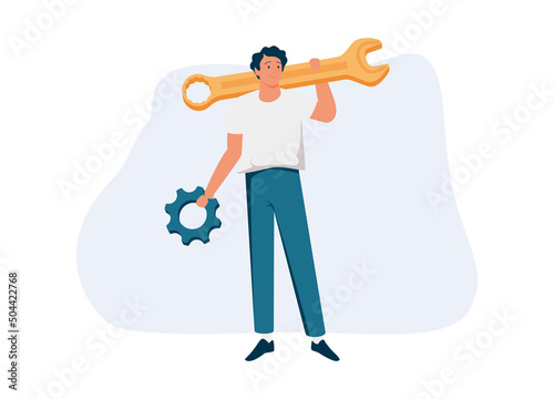 Man holding wrench, screwdriver and gear wheel. Concept of technical service, mechanical repair, maintenance work.