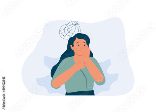Panic attack concept. Uneasy woman has chest pain and vertigo. A depressed female with nervous problems.