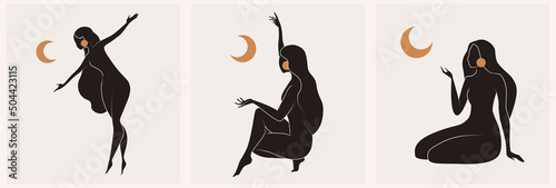 Set of gold and black feminine wall art, vector set. Artistic drawing of a silhouette in a mystical and abstract form. Abstract body art design for print, cover, wallpaper, minimal wall art.