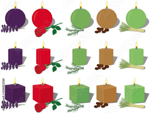 Wax aroma scented candles different forms collection vector illustration