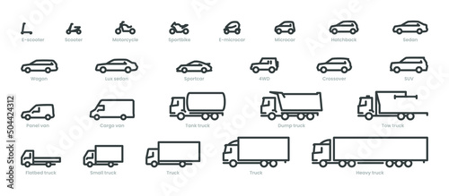 Big set car icons, different transport types 