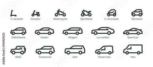 Set car line icons, different types 
