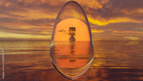 Egg like glass with sailboat and seagull silhouette in sunset time (3D Rendering) © Chartchai