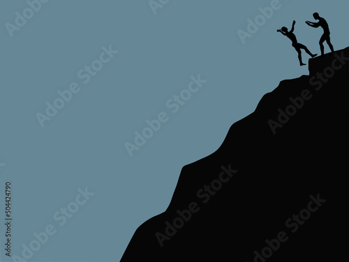 Man climber pushing his friend down the mountain vector.. Blank or empty blue copy space for advertising texts. Doing harm someone concept idea. Analogical or metaphoric expression for business life. photo