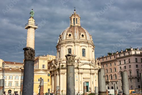 The view on dome of the Santa Maria di Loreto church and dome of the Church of the Most Holy Name of Mary at the Trajan Forum. Landmark in the city of Rome, Lazio, Italy, Europe