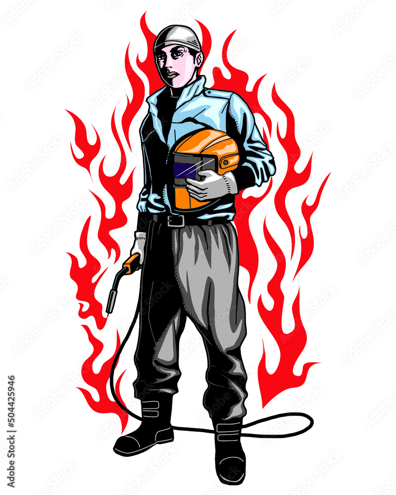 Fototapeta premium standing MIG welder with fire background vector illustration