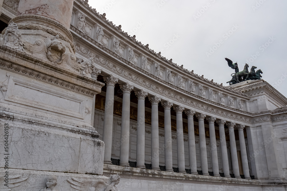 Massive columns of front facade of Victor Emmanuel II monument on Piazza Venezia in Rome (Roma), Lazio, Italy, EU Europe. Cityscape image of Altar of the Fatherland also know as Altare della Patria