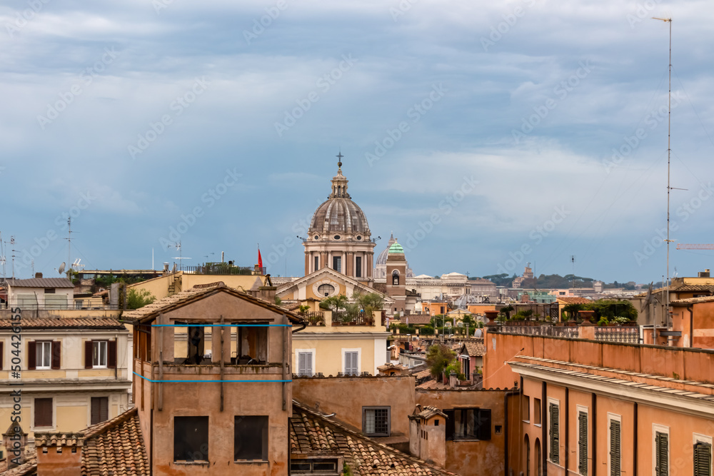 Panoramic view from Victor Emmanuel II monument on Piazza Venezia in Rome (Roma), Lazio, Italy, EU Europe. Skyline of the historical center of Roma with many churches. Architecture, tourism