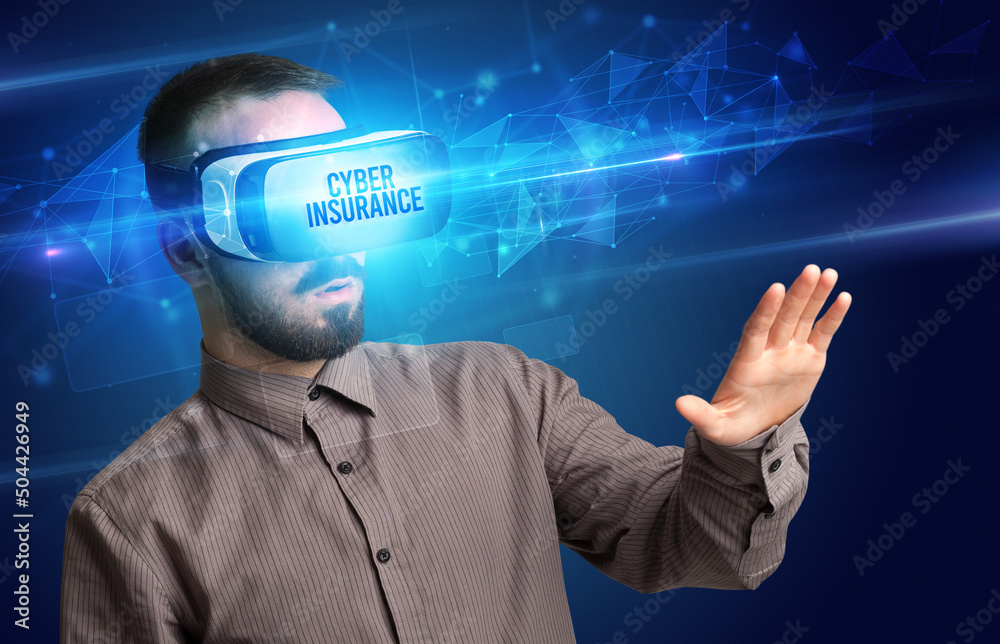 Businessman looking through Virtual Reality glasses, virtual security concept