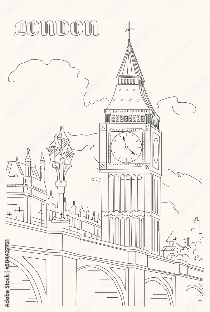 London Landmark. London Landscape. Big Ben Tower. Illustration sketch with vector drawing.