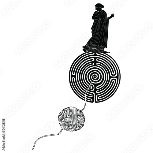 Ancient Greek woman standing on top of a round spiral maze or labyrinth symbol and a yarn ball. Ariadne's thread. Creative mythological concept. Black and white silhouette.