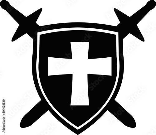 Vector black and white icon illustration of crossed swords and a medieval shield


