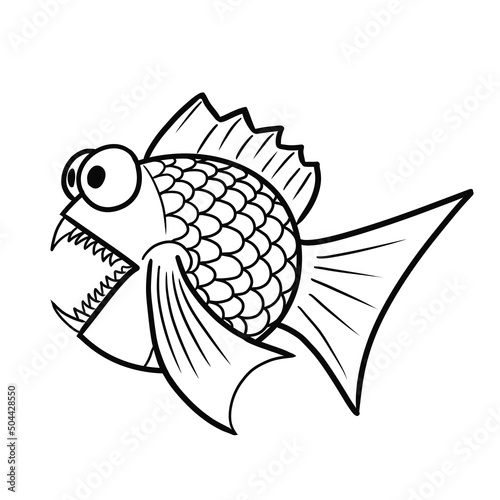 Vector sketch of fish in doodle style. Funny toothy fish in cartoon style isolated on white background.