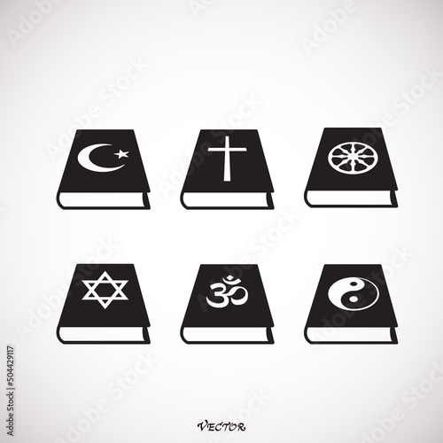 Books world religion. symbols of major religious groups and religions. Christianity, Islam, Hinduism, Buddhism, Taoism, Judaism. Illustration. Vector. Holy Bible Quran, Bhagavad Gita. Icons 