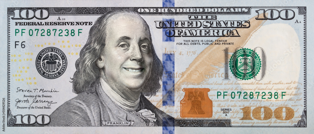 Benjamin Franklin smiling on 100 dollar banknote - obrazy, fototapety, plakaty 