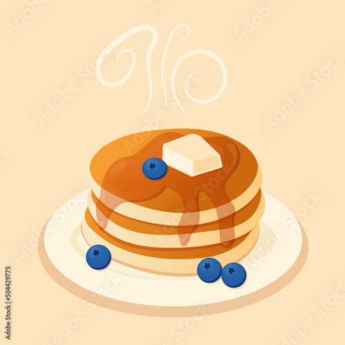 illustration with hot pancakes with honey, butter and blueberry