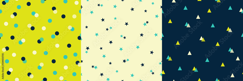 Vector set of three seamless patterns. Repeating geometric tiles with polka dots, stars and triangles. Trendy prints for textile, fabric, wrapping, baby clothes.