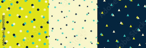 Obraz na płótnie Vector set of three seamless patterns. Repeating geometric tiles with polka dots, stars and triangles. Trendy prints for textile, fabric, wrapping, baby clothes. w salonie