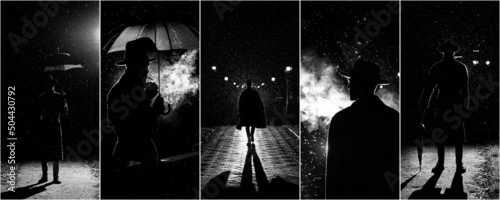 Collage of photos in noir style with a man in raincoat and hat in the rain with an umbrella with a cigarette in night city photo