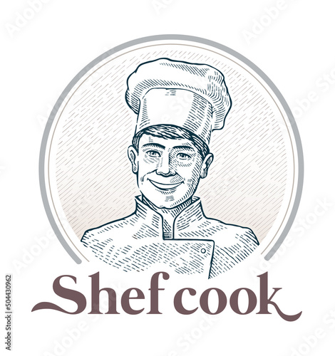 Portrait of a chef cook in a frame, drawn in the graphic style of an engraving. Vector illustration.