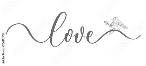 Love vector calligraphic inscription with sketch bird. Minimalistic hand lettering illustration