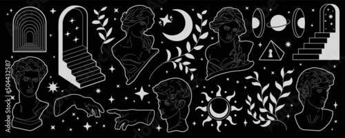 Antique statues. Greek elements, girls and men heads with tears, figurine stickers, in trendy cartoon style. Collection of hand drawn mythical element