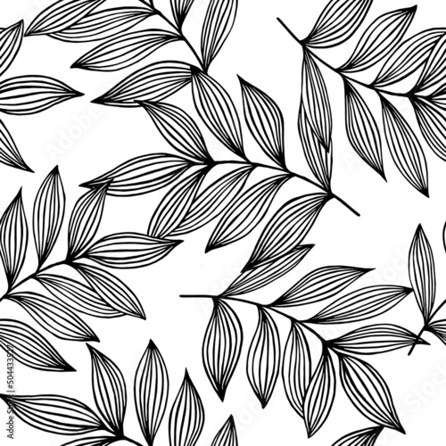 seamless abstract floral background with leaves. white patterrn with black painted leaves. Vector illustration. Monochorome. photo