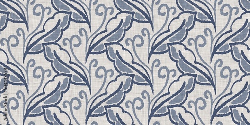 French blue botanical leaf linen seamless border with 2 tone country cottage style motif. Simple vintage rustic fabric textile effect. Primitive modern shabby chic kitchen cloth design.