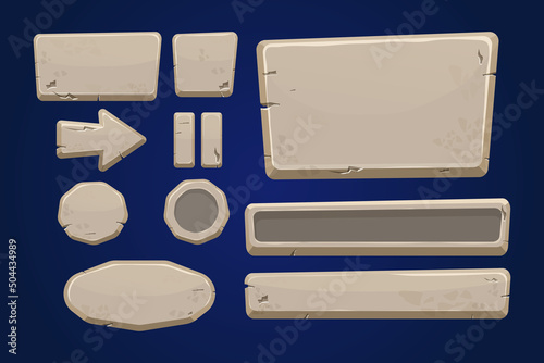 Stone buttons collection, set of rock assets in cartoon style isolated on white background. Mineral detailed objects ui game interface, app pannel.