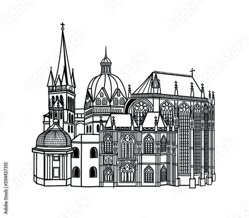 Vector illustration of Aachen Cathedral in black and white sketch style