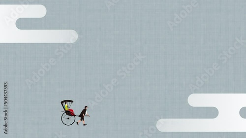 アジサイが咲く背景.移動する人力車に乗る着物の女性.イラスト動画 photo