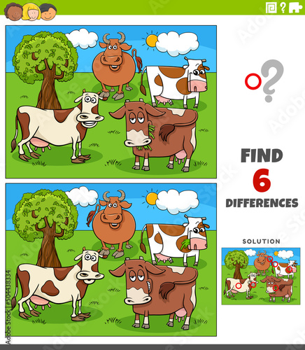 differences game with cartoon cows farm animal characters