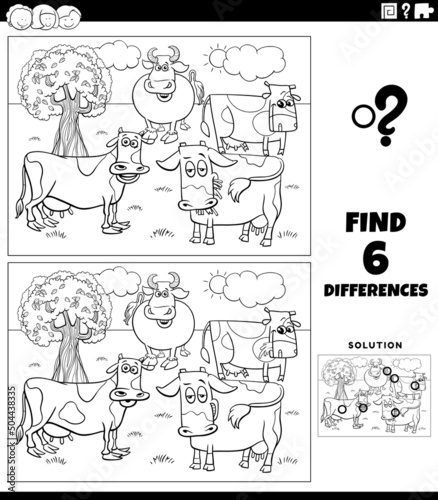 differences game with cartoon cows coloring book page