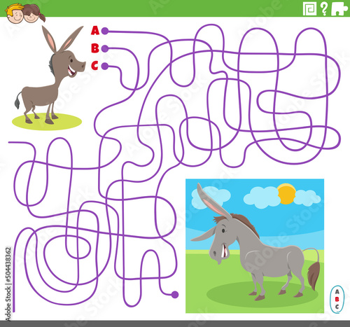 maze game with cartoon donkey character and cute little foal