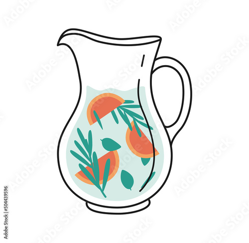 Hand drawn cute summer cartoon illustration lemonade or mojito jug. Flat vector cold drink sticker in simple colored doodle style. Fresh cocktail icon or print. Isolated on white background.