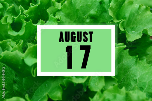 calendar date oncalendar date on the background of green lettuce leaves. August 17 is the seventeenth day of the month photo