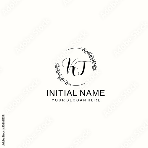 Initial letter KT handwriting with floral frame template