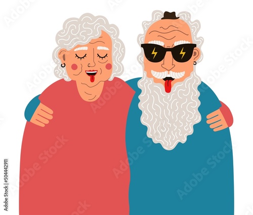 Vector illustration with hugging old man and woman. Funny apparel print design. Trendy wall decoration poster, greeting card template
