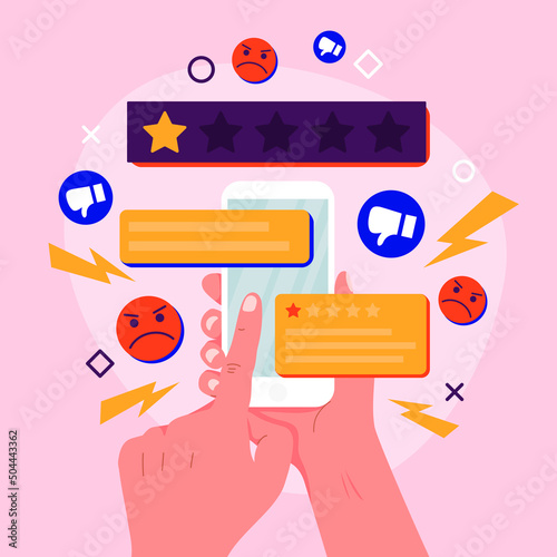 Bad review concept design. Online negative user feedback. 
Customer experience ranking. Dislike, complaint, bad rate. Web comment. Angry client testimonial. Social survey result. Vector illustration. 