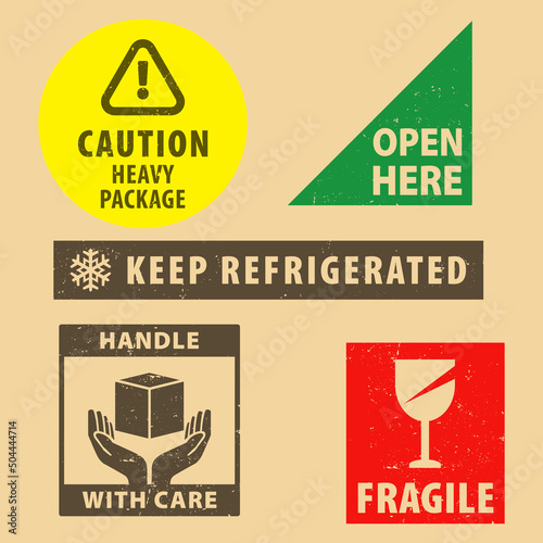 Set of fragile sticker keep refrigerated and case icon packaging symbols sign, open here and caution heavy package rubber stamp on cardboard background. Use on package.