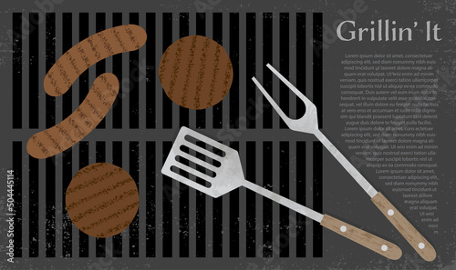 A set of grilling tools and grilled burgers and sausages, in a cut paper style with textures
