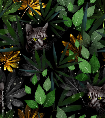 Bright digital photo-pattern with black cat animals and tropical leaves on a black background.